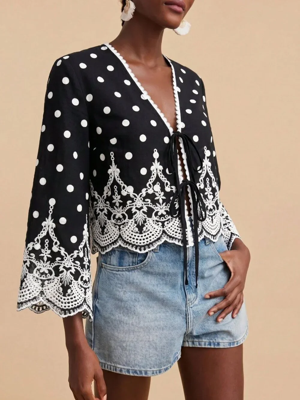Black Boho Women's Polka Dot Print Embroidered Detail Long Sleeve Shirt